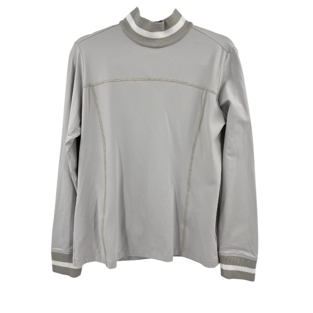 BOGNER Women's LIght Gray High Neck Rear 1/4 Zip Striped Cuff Active Shirt XL